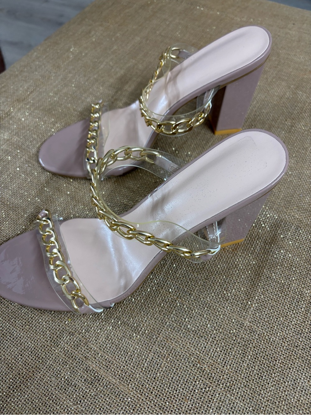 Clear PVC Gold Chain Block Heel Mule Sandals | Nude Blush Slip-On Heels - Picture 3 of 5